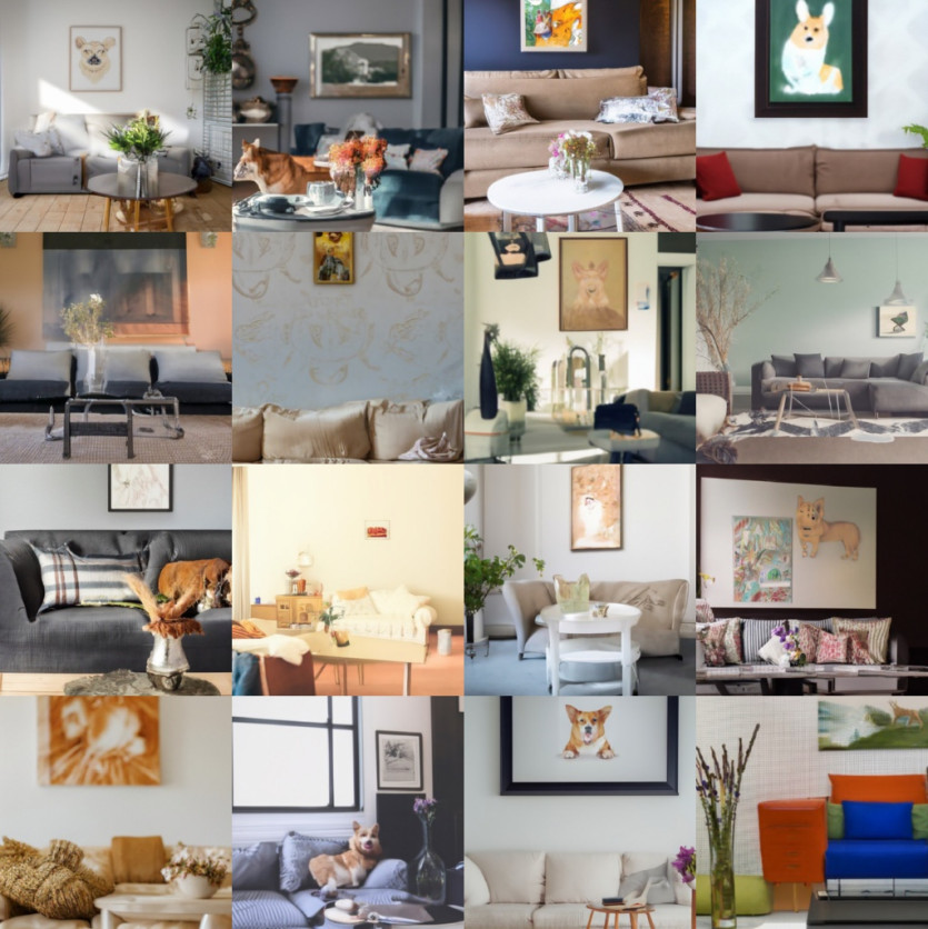 GLIDE sample with guidance scale 1: '“A cozy living room with a painting of a corgi on the wall above a couch and a round coffee table in front of a couch and a vase of flowers on a coffee table.'