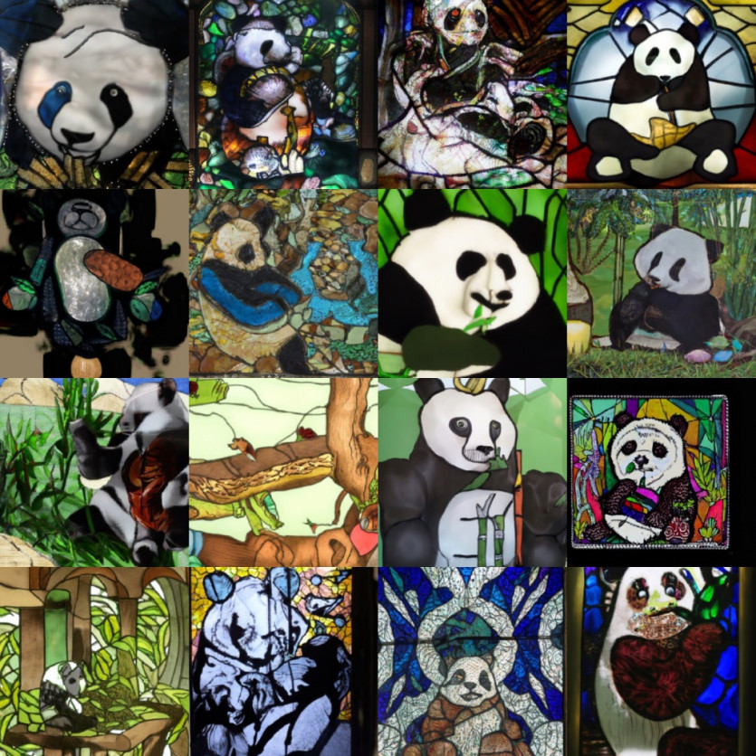 GLIDE sample with guidance scale 1: 'A stained glass window of a panda eating bamboo.'