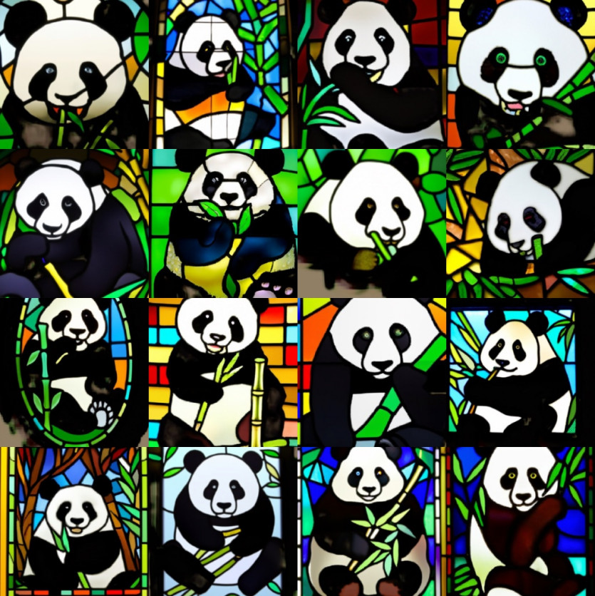 GLIDE sample with guidance scale 3: 'A stained glass window of a panda eating bamboo.'